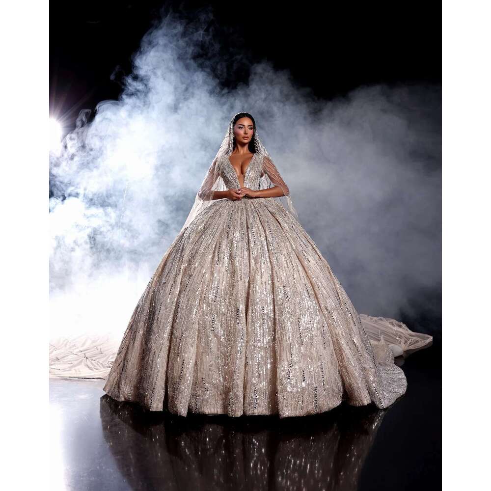 of Ball Gown Sexy Wedding Deep V Neckline Sequin Applicator Pearls Chapel Custom Train Sweep Novia Dresses