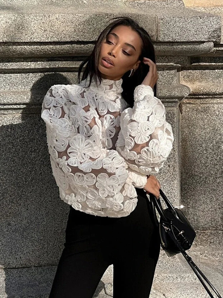 Sexy See Through Mesh Shirts Women Elegant 3D Flower Lantern Long Sleeve Patchwork Female Shirt Spring Fashion Lady Tops 250228