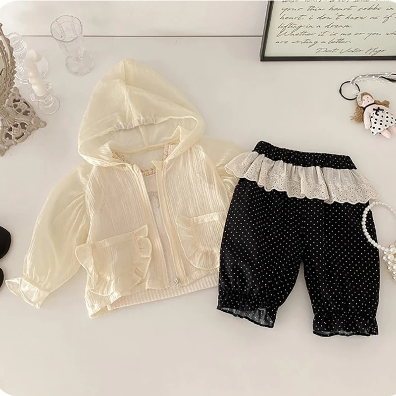 Summer Dot Print Pants for Girls Lace Patchwork Baby Childrens Shorts Versatile Matching Vest Thin Coat Kids Clothing 250304