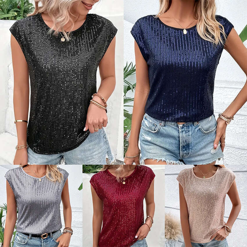 New style loose fitting casual fashion party round neck sleeveless top women's sequin T-shirt