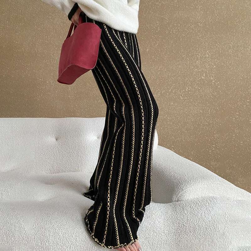 Fashion 12% Wool Embroidered Striped Texture Knitted Pants Women's Elastic Waist Full-Lenth Trousers New Tide 7Ab6323