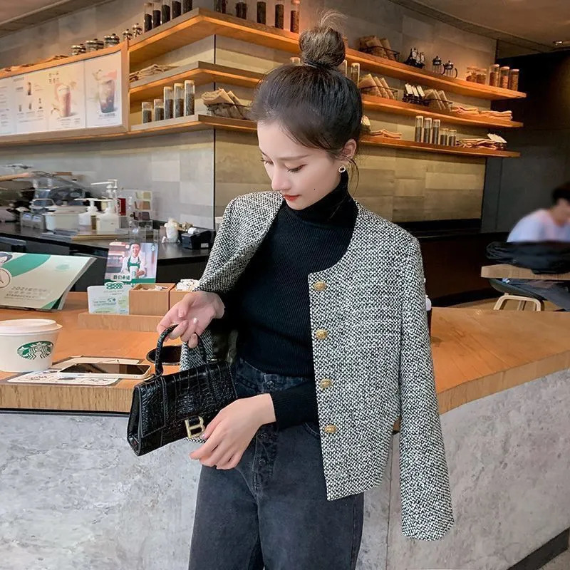 2024 Spring Autumn Coat Women Fashion Single Breasted Buckle Casual Coarse Tweed Jacket Female Outerwear Top Casaco Feminino 250225