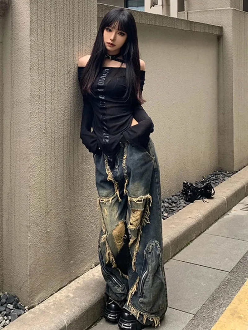 Y2K High Street Ripped Tassel Washed Baggy Jeans Woman Retro Street Hip-hop Loose Old Fashion Casual High Waist Wide Leg Jeans 250228