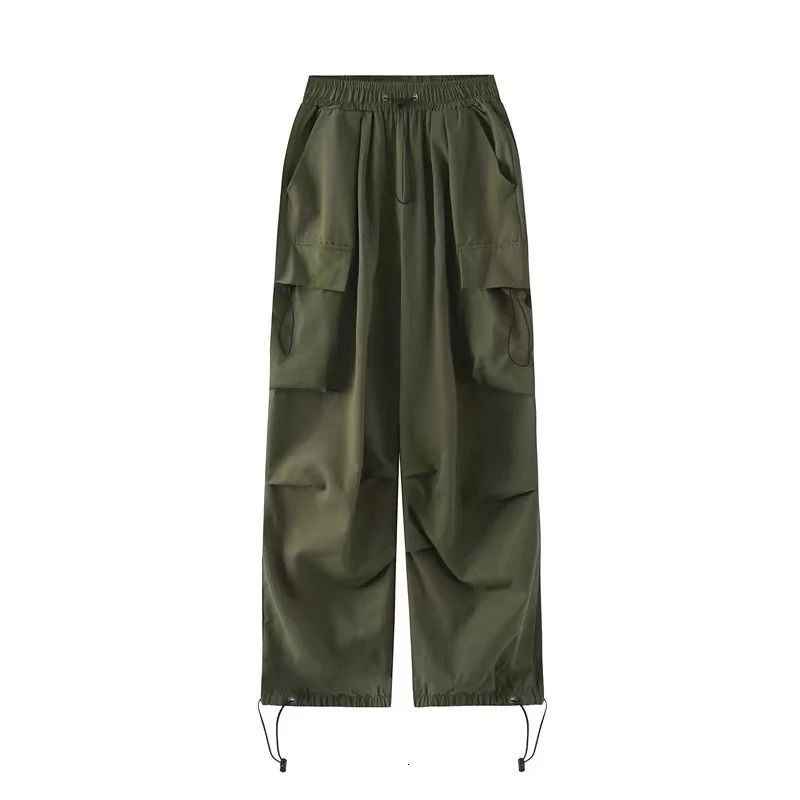 Back to School Womens American Hip-Hop Wide-Leg Large Pockets Drawstring Work Pants High Street Casual Sports Pants 250303