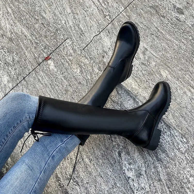 Middle Heel Round Toe Wens Boots Winter Knee High Shaft Black Footwear Biker Long Shoes for Wan Y2k Hot Gyaru S Quality Z250304