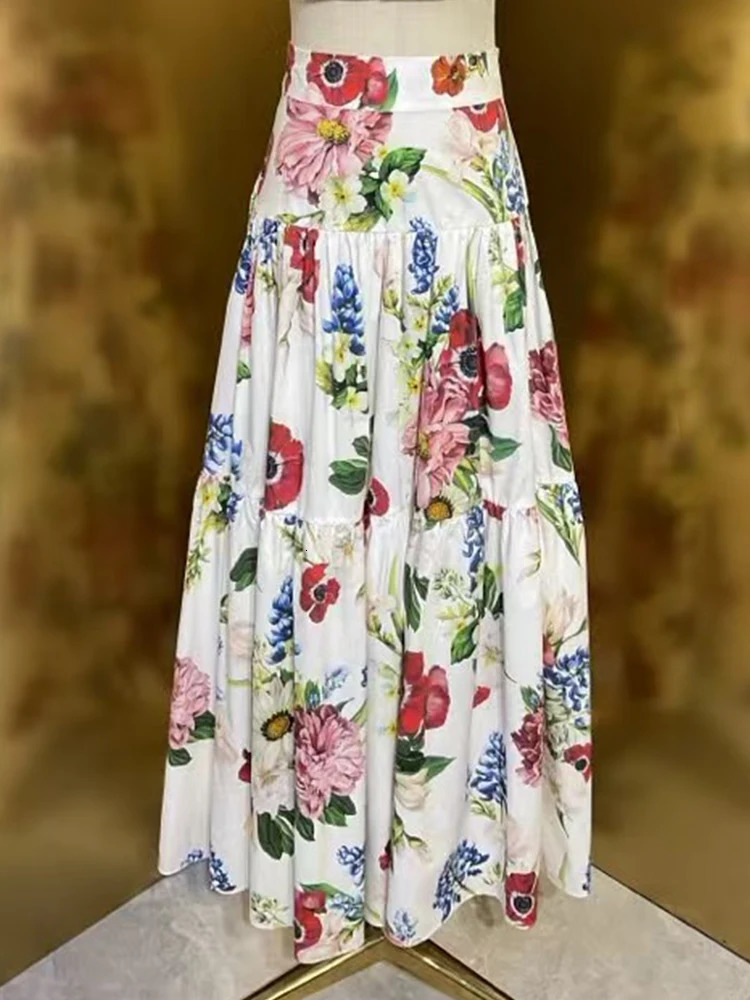 Vintage color print diamondbutton halter top breast twopiece set summer womens high waist loose skirt 250303