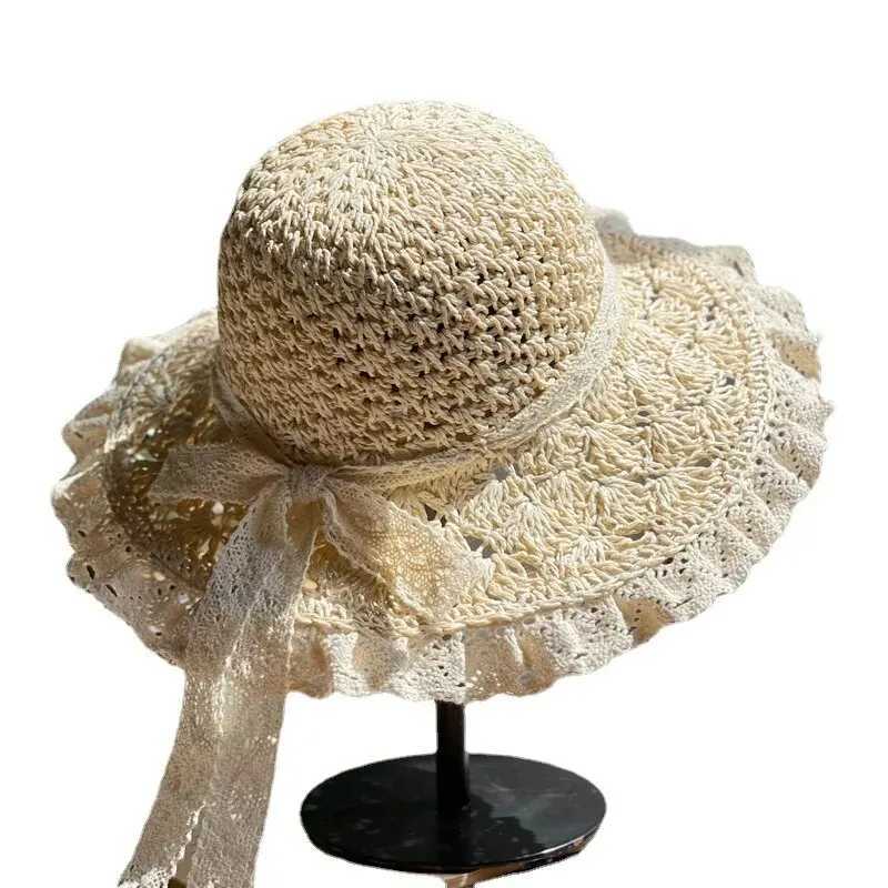 Summer Foldable Lace Edge Str Hat for Women Hanoven Cute Bow Sunshade Hat for Vacation Beach HatXJ250304