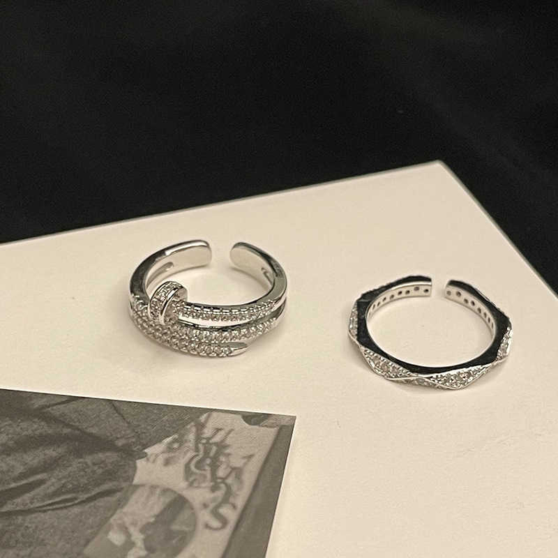 Couple Rings Sparkling Diamond Full Diamond Zircon Line Nail Combination Stacked Ring for Female Niche Design Ring Internet Celebrity High End H25303
