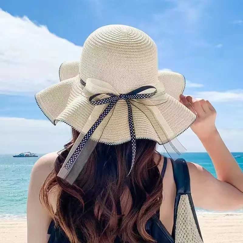 Korean version lace bow big brim str hat suitable for womens summer sun protection breathable beach C sweet sun hatXJ250304