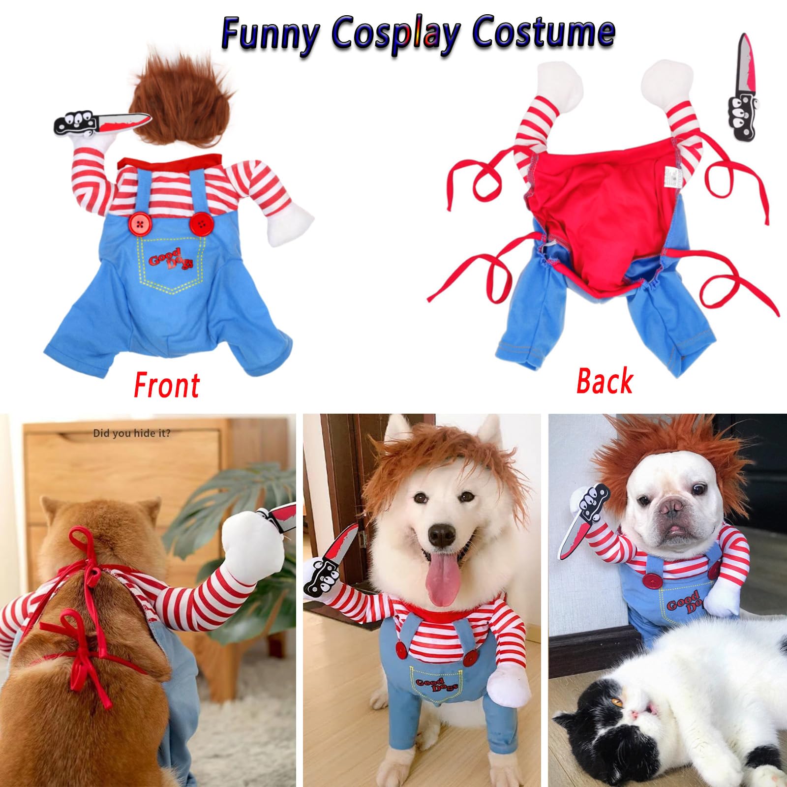 Pet Deadly Doll Dog Costume, Funny Halloween Chucky Costumes Cute Dog Clothes Party Cosplay Costume for Small Medium Large Dogs Cats Puppy