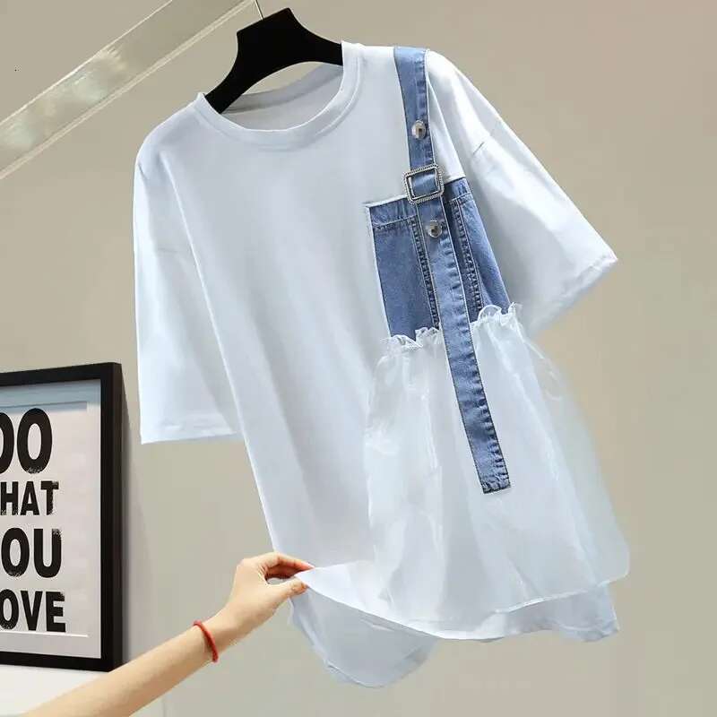 Spring Summer New Design Fashion Short Sleeve O-Neck T-Shirt Women's Denim Patchwork All-Match Black White Lades Tops