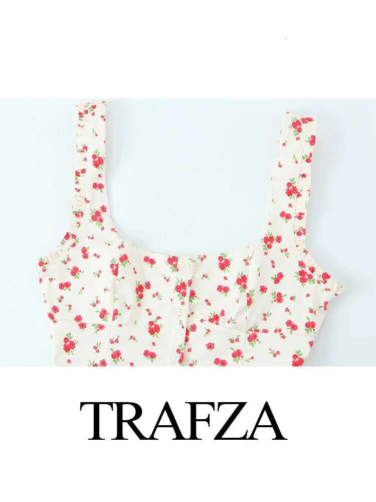 TRAFZA Female Elegant Wer Print Elastic Sleeveless Single-Breasted Decorate Top+Zipper A-E Pleated Mini Skirt 2 Piece Set