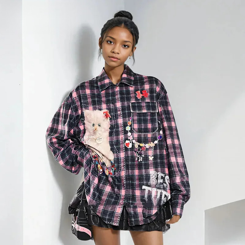 Women's Fashion Plaid Single Breasted Blouse Spring New Arrival Loose Contrast Color Long Sleeves Shirts Female 33A2679