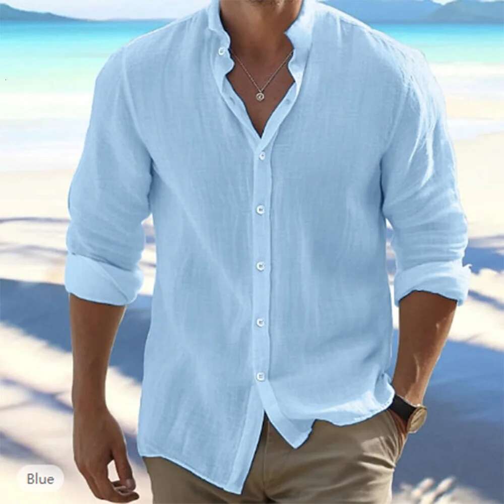 Cotton Men's Long Sleeved Shirt Summer New Designer Shirt Solid Color Stand Up Collar Casual Beach Style Fashionable And Versatile Beach Wear