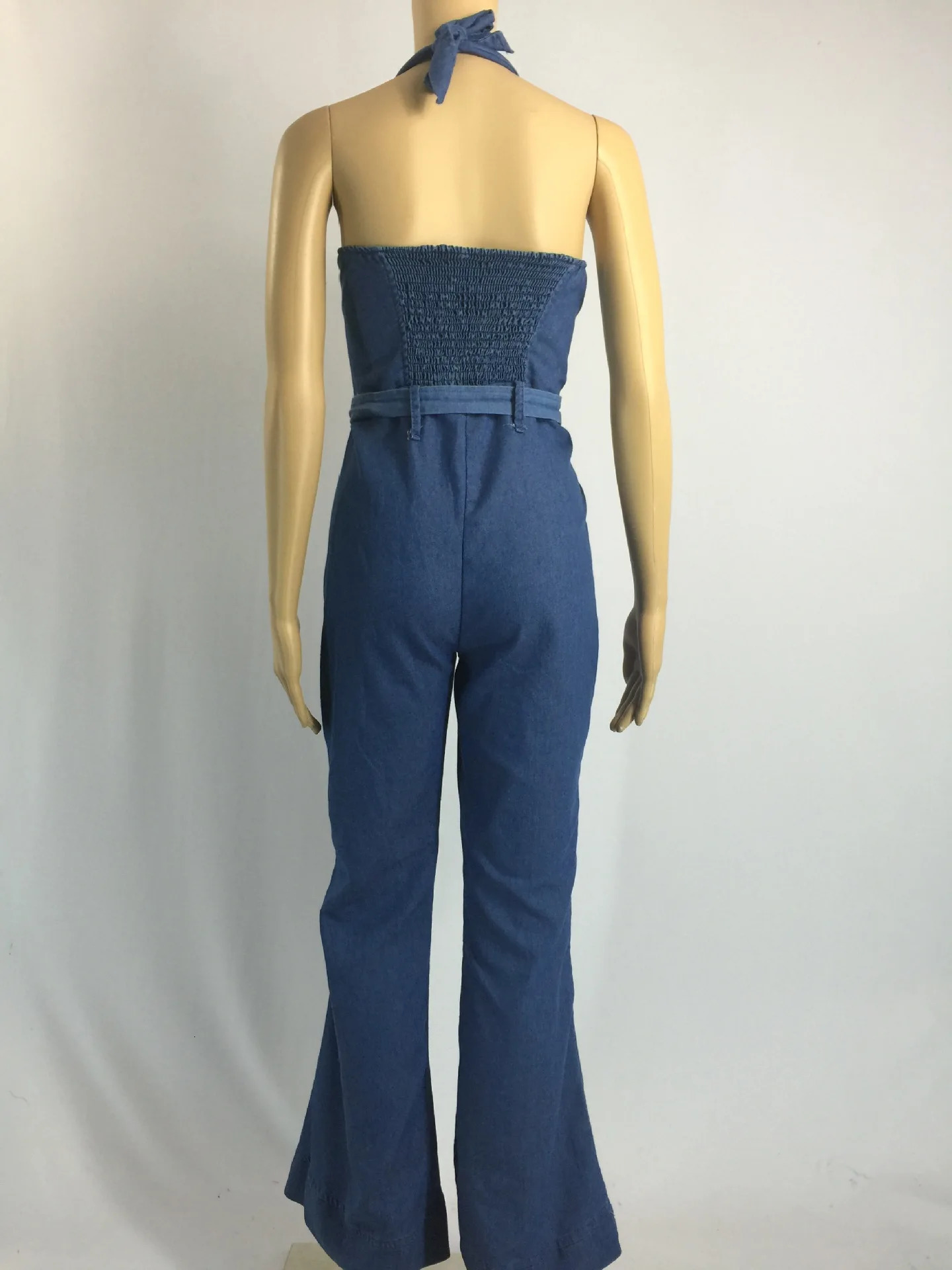 Women One Piece Solid Denim Jumpsuits Sleeveless V Neck Rompers Wide Leg Long Pants Overalls Sexy Slim Fit Hight Waist 250303