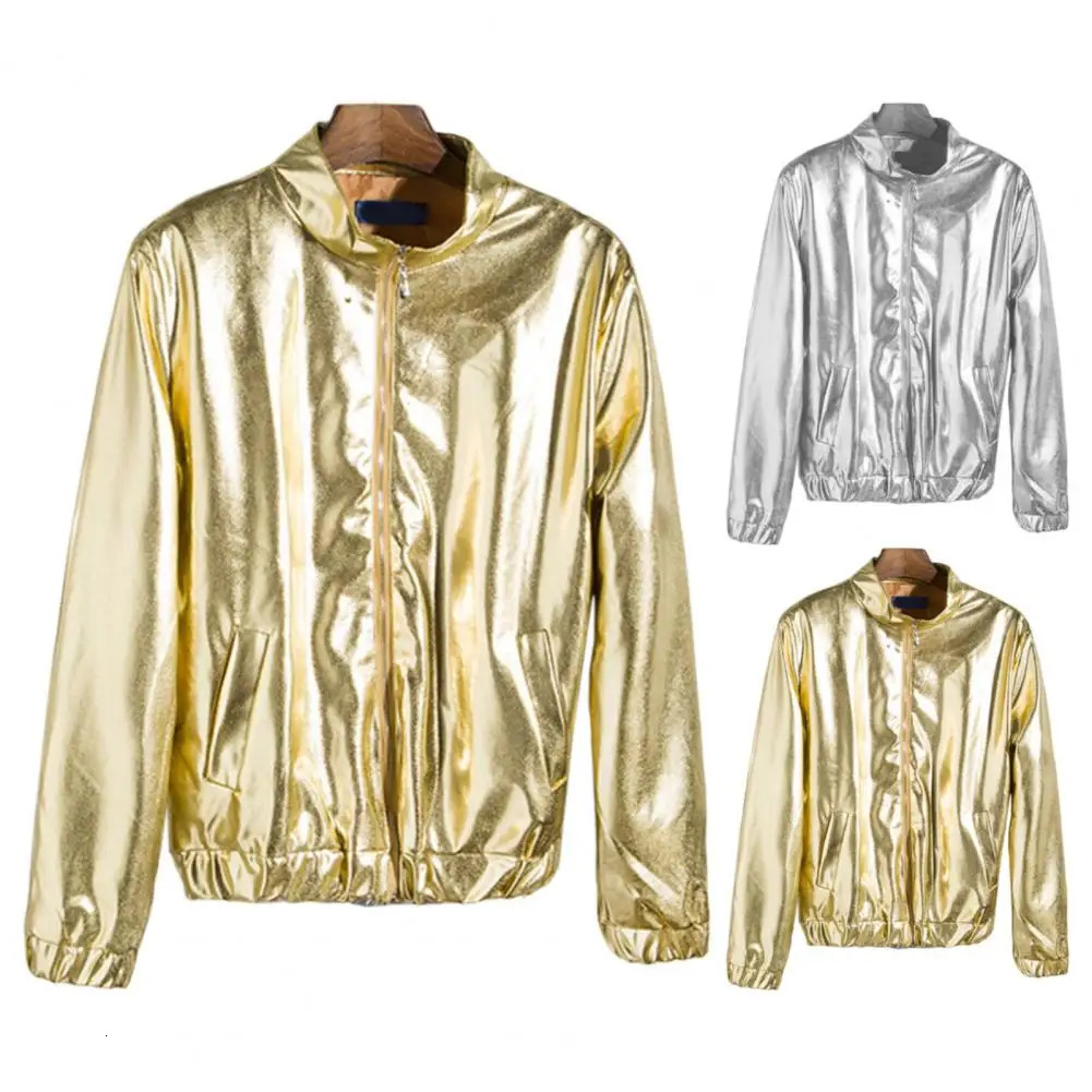 Mens Sparkling Long Sleeve Jacket Outerwear Keep Warm Cotton Blend Coat Autumn Shining Zipup Streetwear Daily Wear 250304