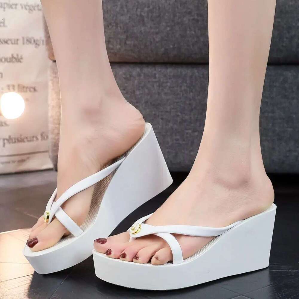 Flip-ps Women's Summer Slope Heel Height 8cm French Fashion High-End Beach Resort Swimming Pool Bathroom Anti-Skid Slippers