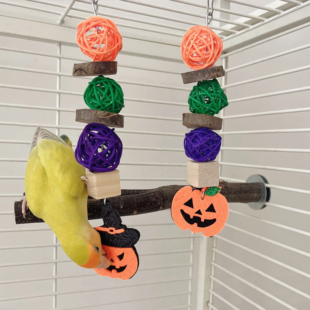 Halloween Parrot Chew Toy Applewood Rattan Ball Birds Bite Hang Toys Cockatiels Training Hang Swings Hamster Birds Cage Supplies