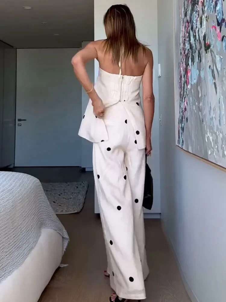 Women's Round Dot Print Off Shoulder Zipper Top Sets Fashion Backless Casual High Waist Long Pants Suit Female Streetwear