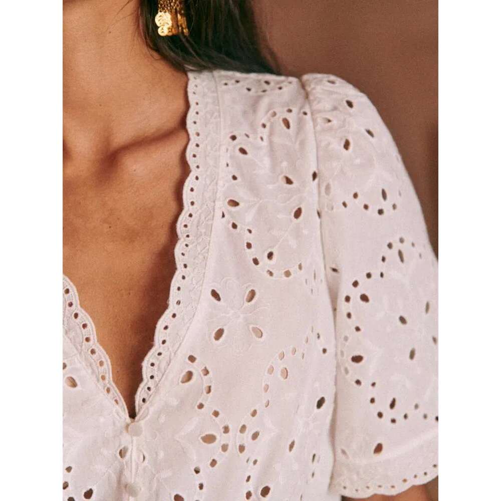 Women Wavy Edge White Cotton Shirt 2025 Early Autumn Female Short Sleeve Blouses Embroidery Hollow Out Top