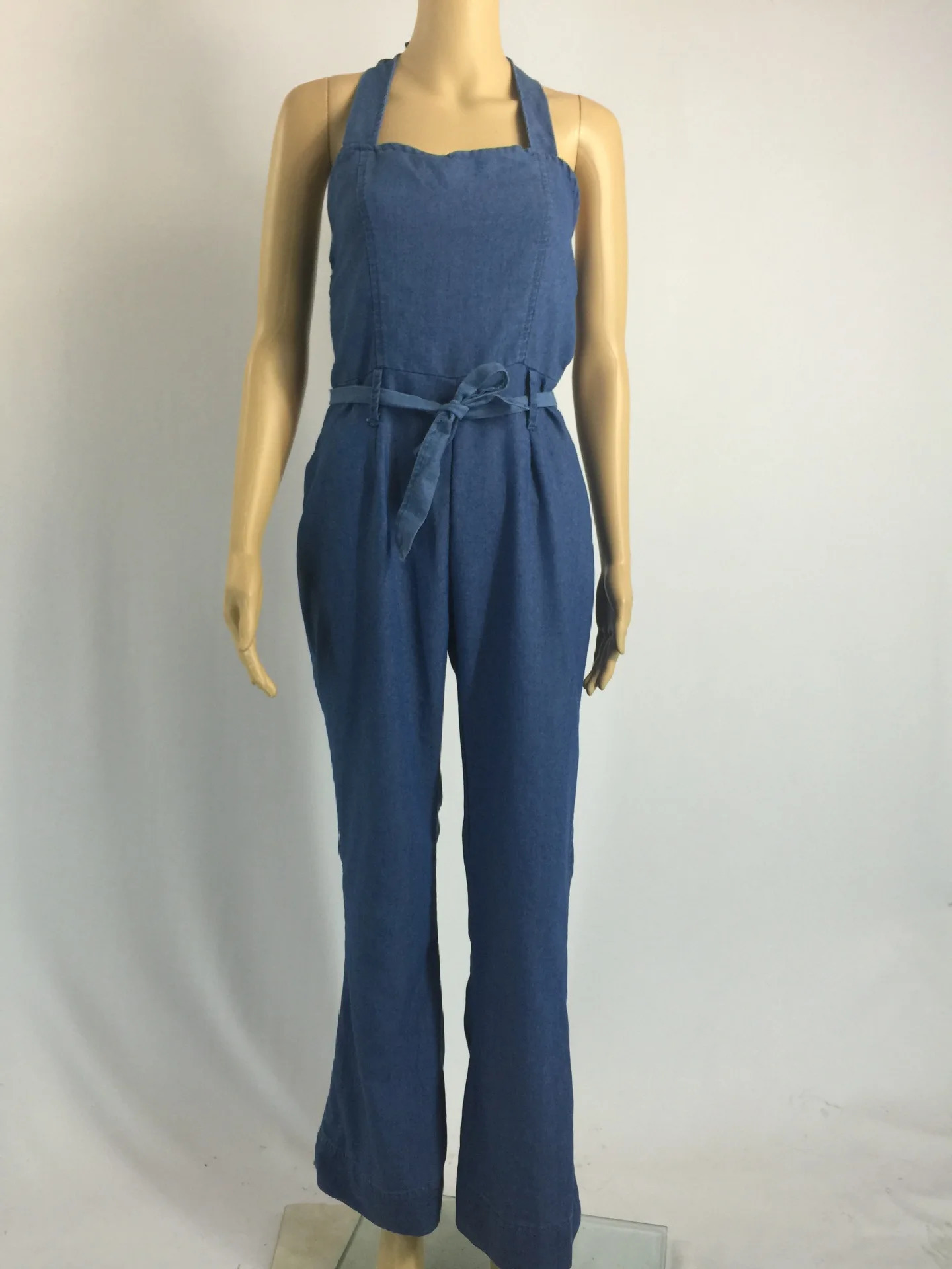 Women One Piece Solid Denim Jumpsuits Sleeveless V Neck Rompers Wide Leg Long Pants Overalls Sexy Slim Fit Hight Waist 250303