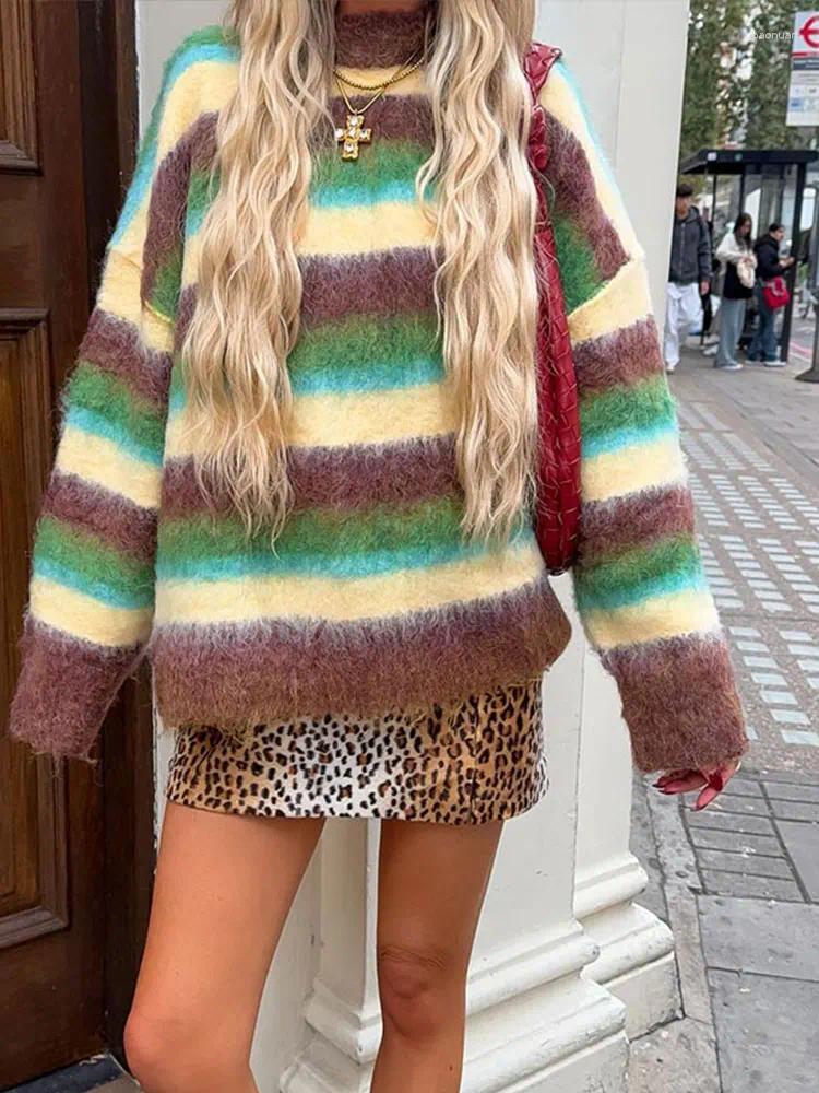 Women's Sweaters Loose Striped Mohair Sweater Jumper Women Long Sleeve O-neck Warm Pullover Top 2025 Spring Lady Colorful All-mach Knitwear