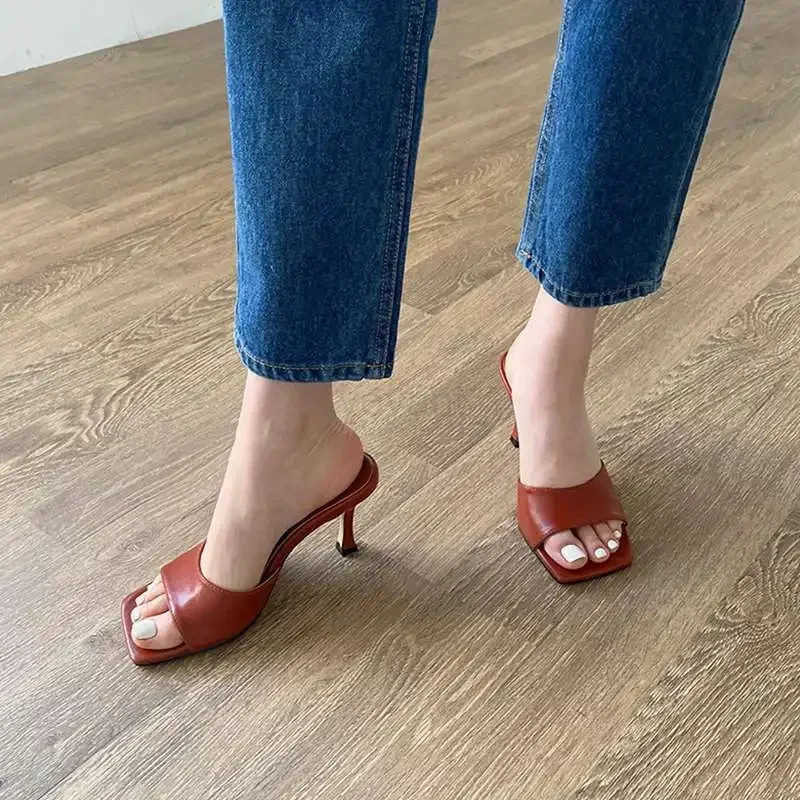 High-heeled sheos slippers wens new square leather mes sandals and slippers wens summer outer wear thin h Z250304