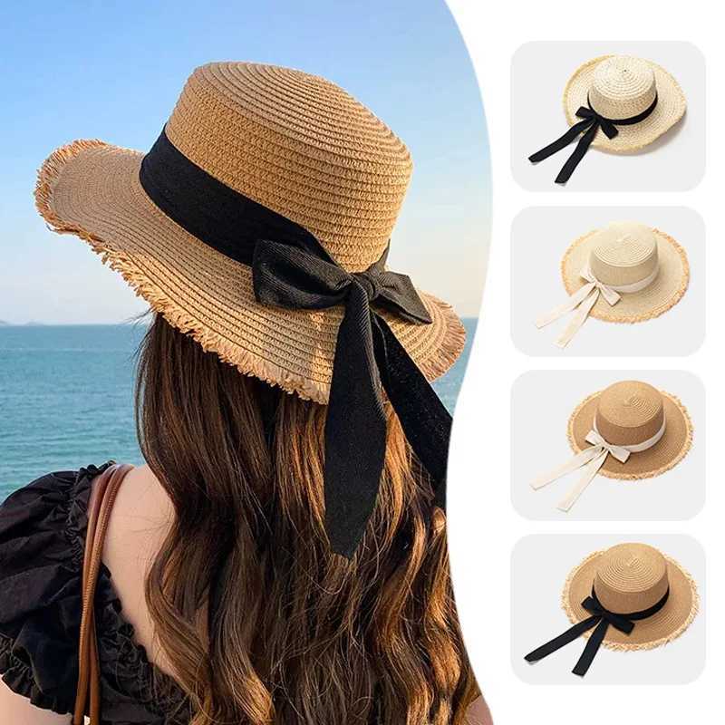 Korean Bow Str Hat for Women Outdoor Beach Wide Brim Sun Visor C Summer Vacation Sunshade Female Panama HatsXJ250304