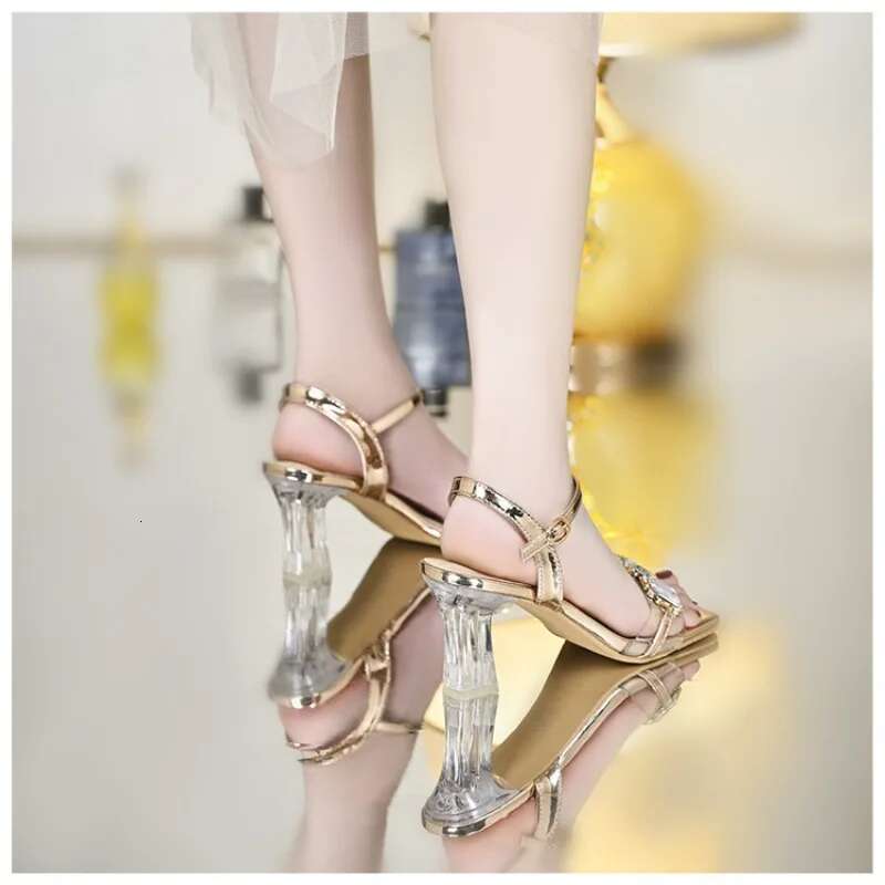 Crystal heel 7cm Elegant Gold Women High Sandals Rhie Deisgn Clear Heels Ladies Wedding Sexy Women's Shoes