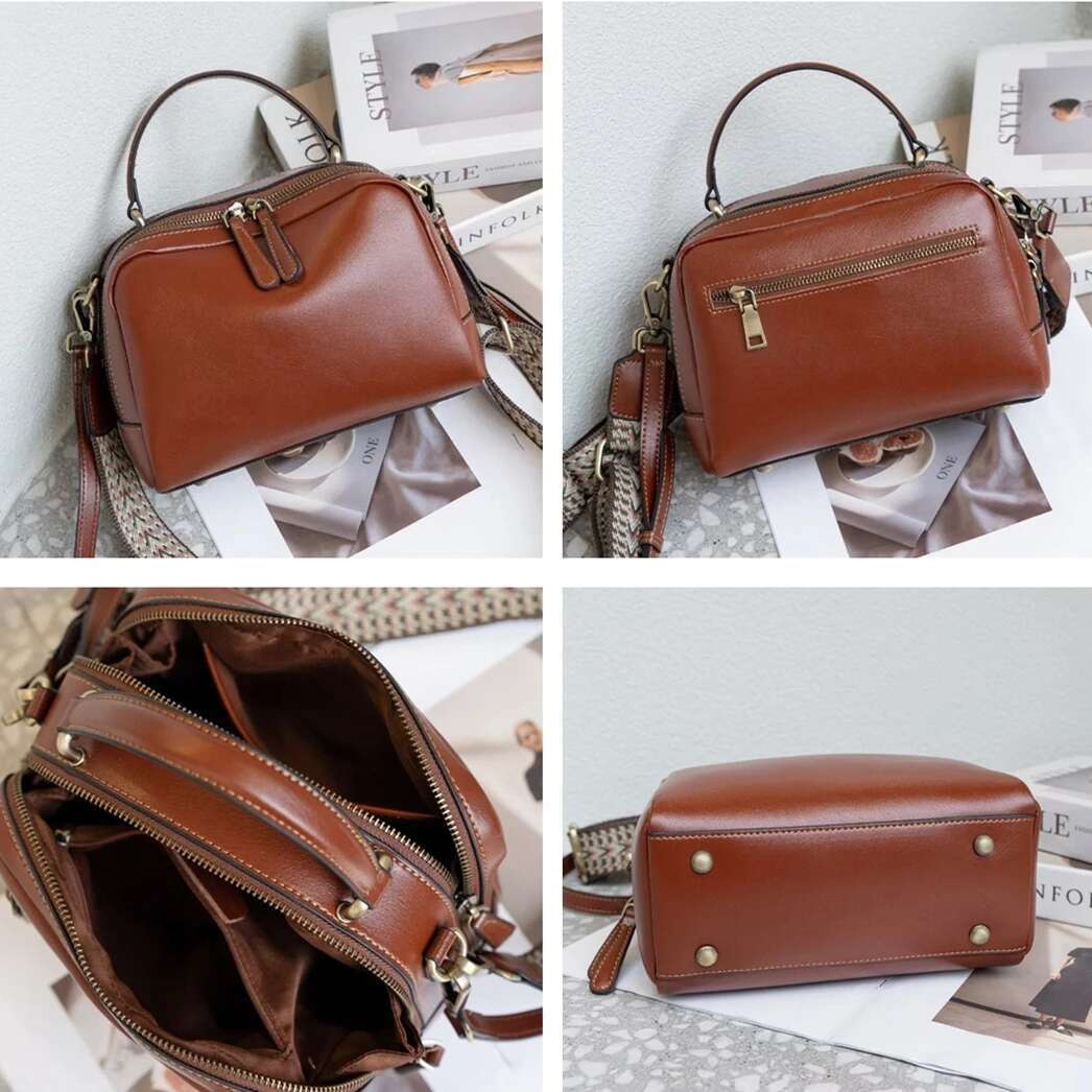 Vintage Genuine Leather Wide Strap Crossbody Shoulder Bags For Women Trend Designer Boston Tote Ladies Handbags