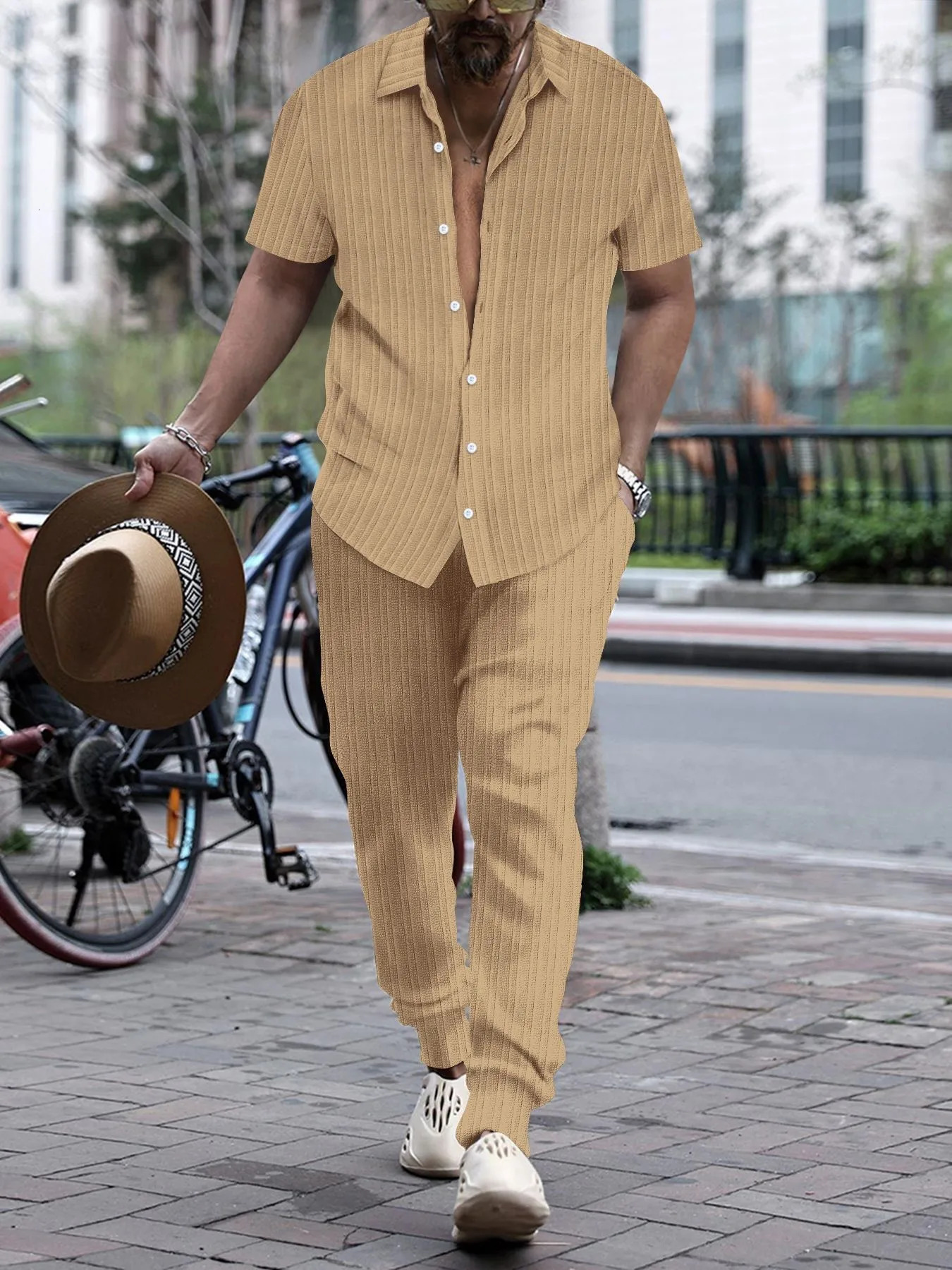 Summer Thin Mens Casual Lapel Solid Color Micro Stretch Shirt Loose Striped Short Sleeve Pants Beach Suit 250303