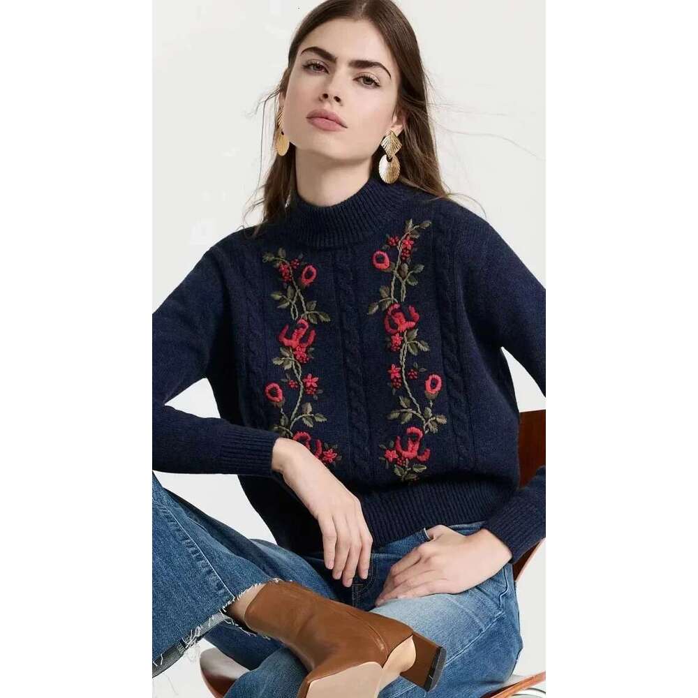 Women New Autumn And Winter Embroidered Half Turtleneck Solid Color Long-Sleeved Crew Neck Sweater