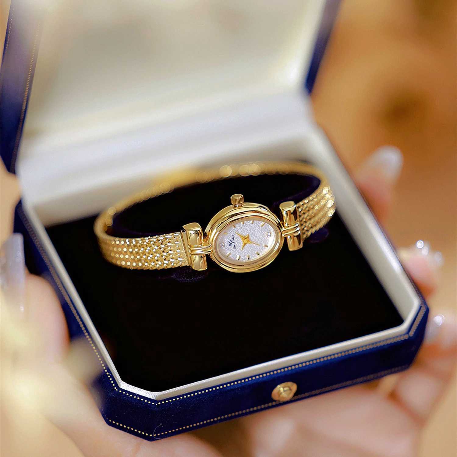 BS Original Brand For Woman Oval Gold Mesh Str Vintage Women Ladies Quartz Ice Luxury Birtay Gifts WomenXJ250304