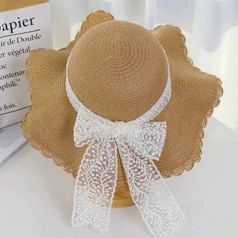 Korean version lace bow big brim str hat suitable for womens summer sun protection breathable beach C sweet sun hatXJ250304