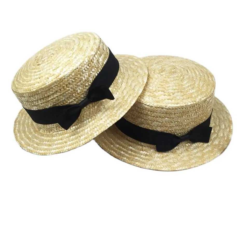 Kids girls nature sun hat Flat Bowler hat Wheat Str hat Boy Children women casual summer beach hat bow ribbob sunscreen hatsXJ250304