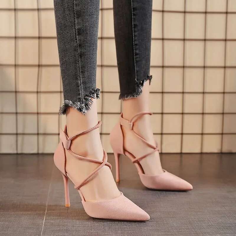 Women Newest High Heels Sexy Pumps 9cm Wedding Shoes Cross-strap Suede Fine Heel Pointed Roman Sandals atos De Mujer