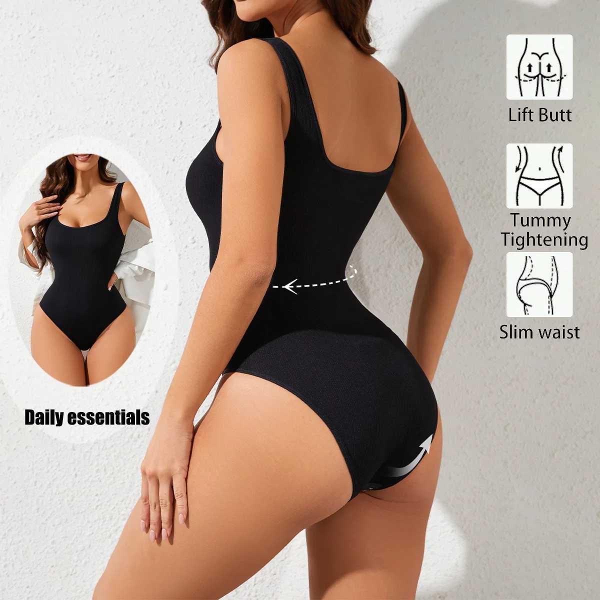 New Style Summer Seamless Bodysuit Shapewear Women Square Neck Tummy Control Thong Body Shaper Sexy Ribbed Sculpting Tank TopsXJ250304