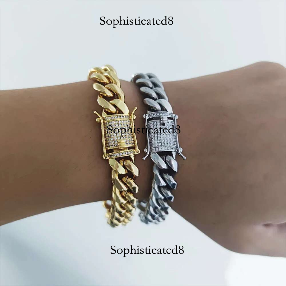6/8/10/12/14/16MM Hip Hop Rock Zircon Clasp Cuban Bracelets For Men Stainless Steel Jewelry