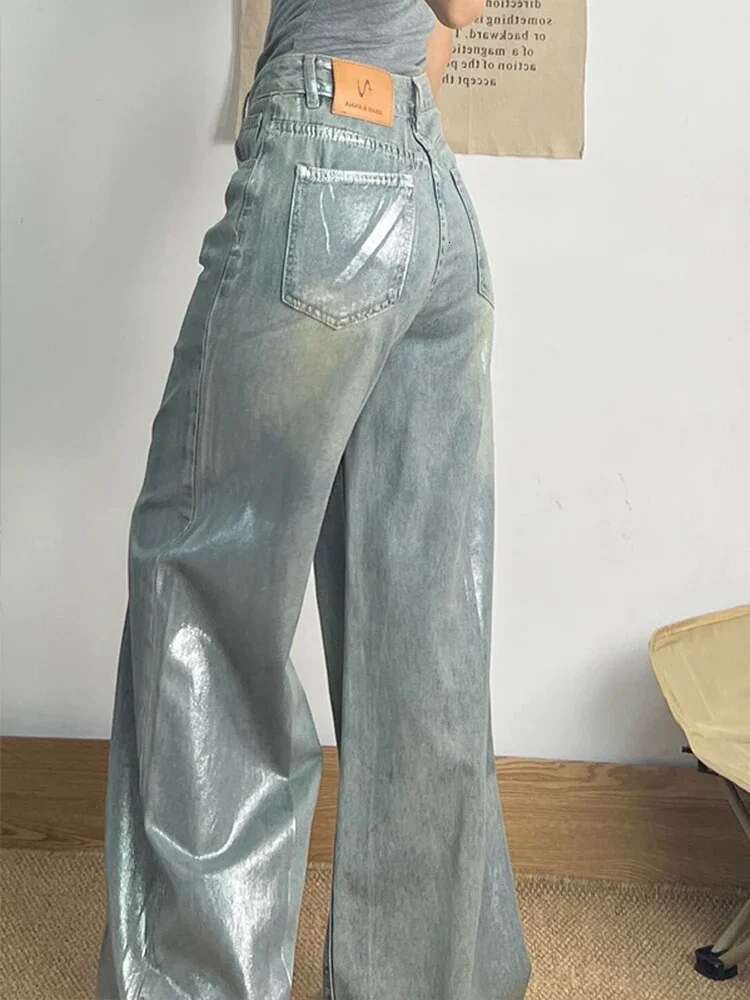 Grey Jeans Women 90S Vintage Personality High Waisted Straight Trouser Streetwear Casual Loose Girl Wide Leg Classic Denim Pants