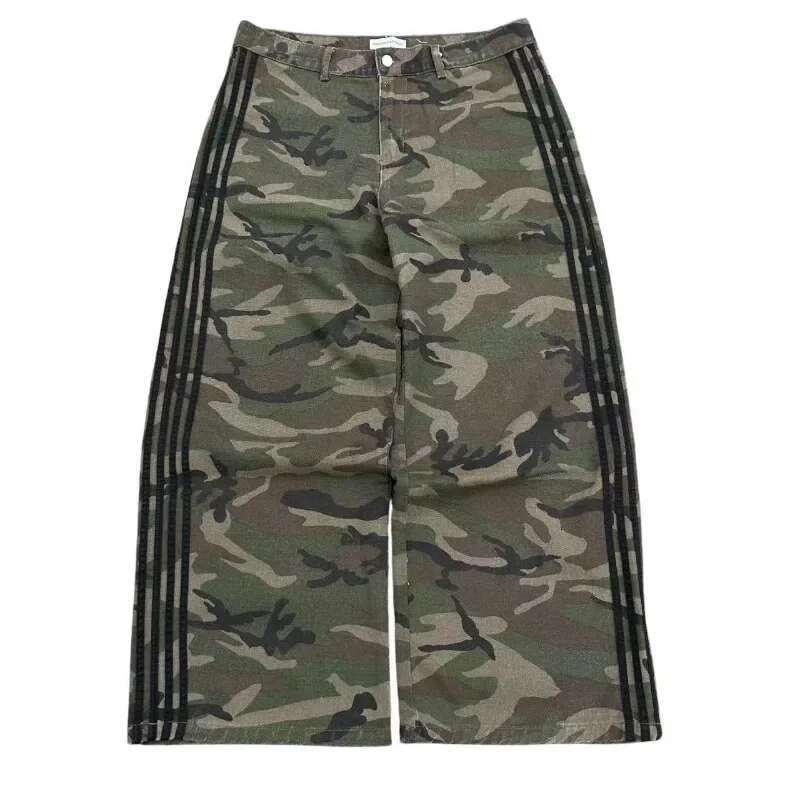 Haruku Fashion Loose Jeans Men Y2k 2025 New Striped Design Camouflage Wide Leg Gothic Retro Couple Casual Straight Pants