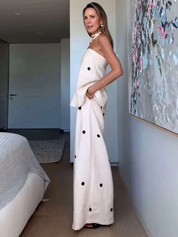 Women's Round Dot Print Off Shoulder Zipper Top Sets Fashion Backless Casual High Waist Long Pants Suit Female Streetwear