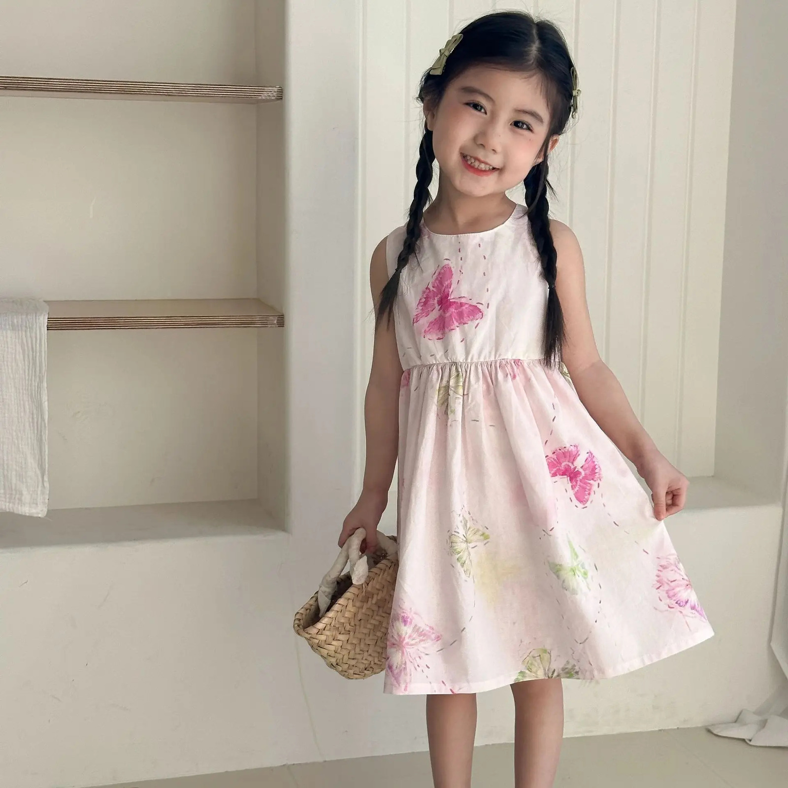 UNITIM Summer Kids Girls Dress Printed Butterfly Children Vest Cotton Thin Sleeveless Princess 250303