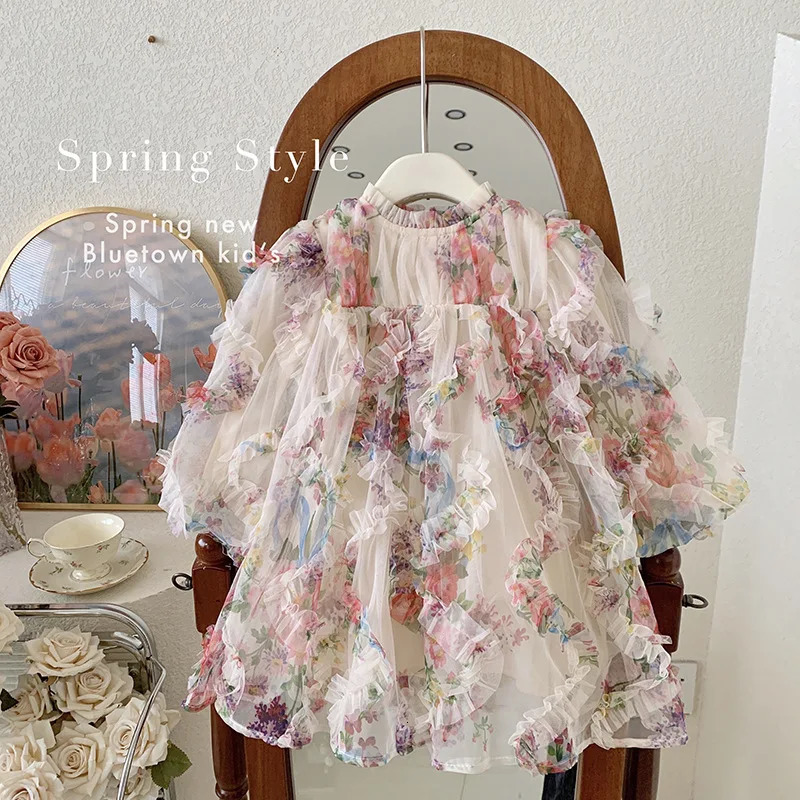 Spring and Autumn Girls Dress Round Neck Long Sleeve Flower Stickers 18 Year Old Princess Childrens Clothing 250303