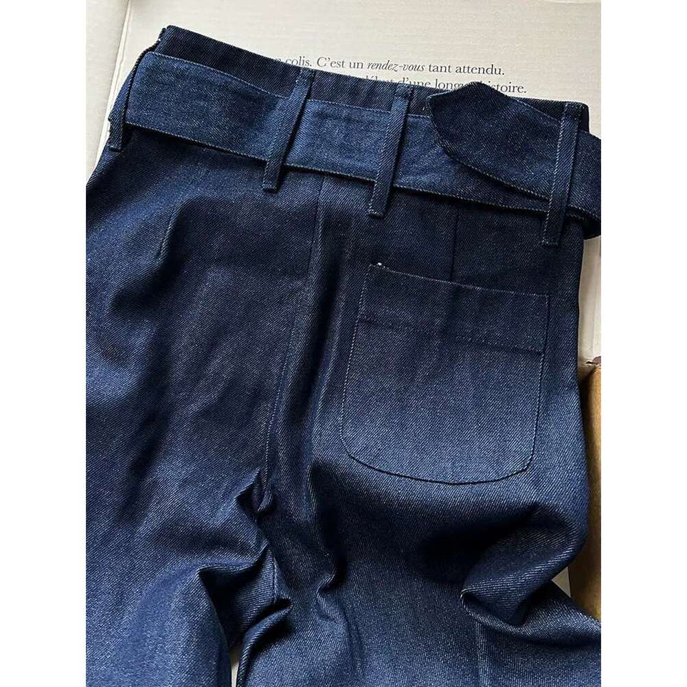 Curled Wide Leg Jeans Women Vintage Classic High Waist Straight Female Cotton Denim Pants With Belt 2025 Fashion