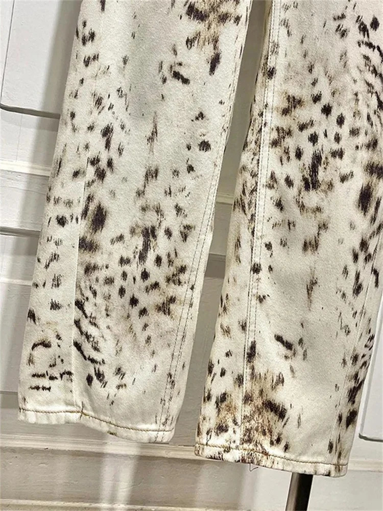 Leopard Print Straight Wide Leg Jeans High Waisted Retro Streetwear Y2k Vintage Pants Street Denim Trousers 250227