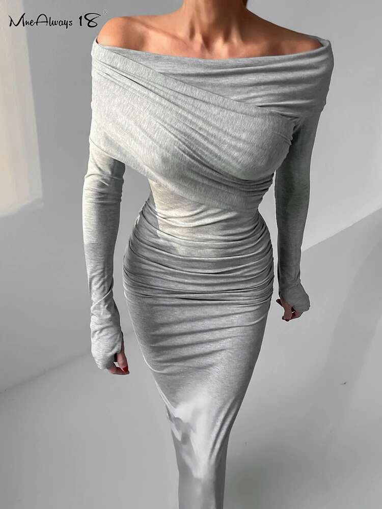Mnealways18 Gray Knitwear Slash Neck Bodycon Dresses Thin Irregular Party Evening Sleeves Hole Long Dress Autumn Lady