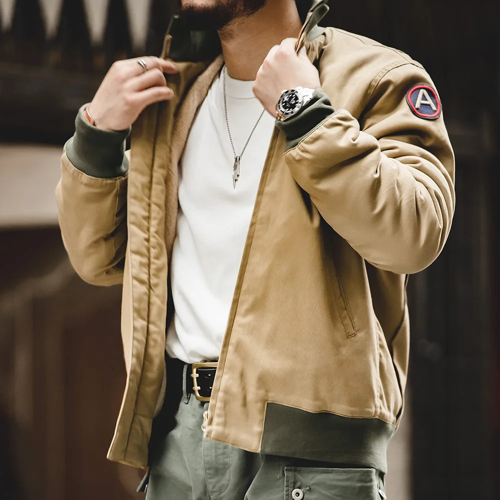 Maden Mens Brown Flight Bomber Jackets Vintage Pilot Monocycle Jacket Slim Fit With Patches Stand Collar 250228