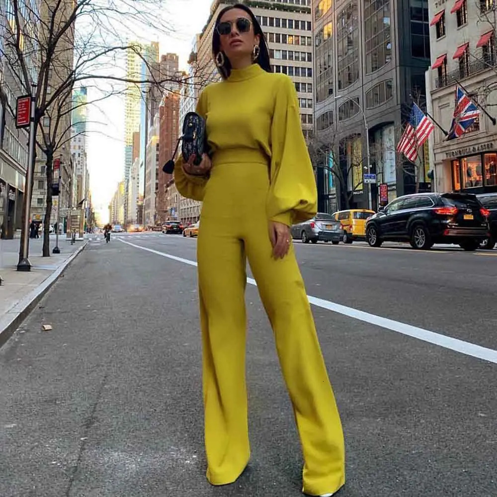 Wide Leg Pant Jumpsuit Women Fashion Stand Neck Lantern Sleeve Rompers Autumn Winter Casual High Waist Jumpsuits Black 250303