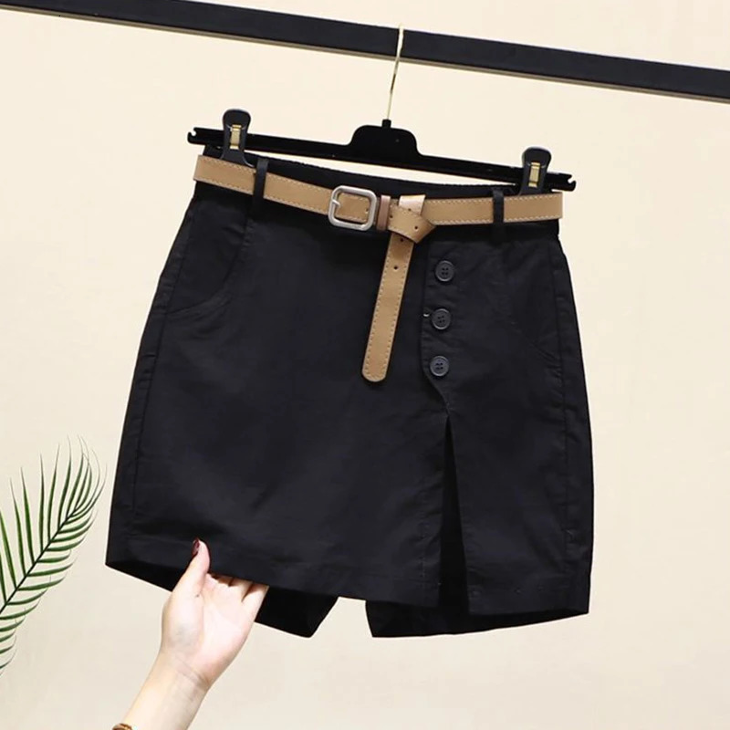 Chic Shorts Women Belt Korean Solid Buttons Side Slit A-line Streetwear Fashion Skirts Chic Harajuku Summer Loose Pants 250303