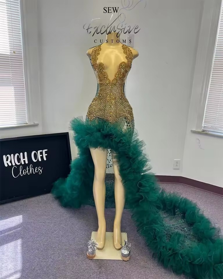 Gold Rhies Dark Green Ruched High Split Prom Dresses For Party Birthday Evening Mermaid Formal Ocn Dress Customized